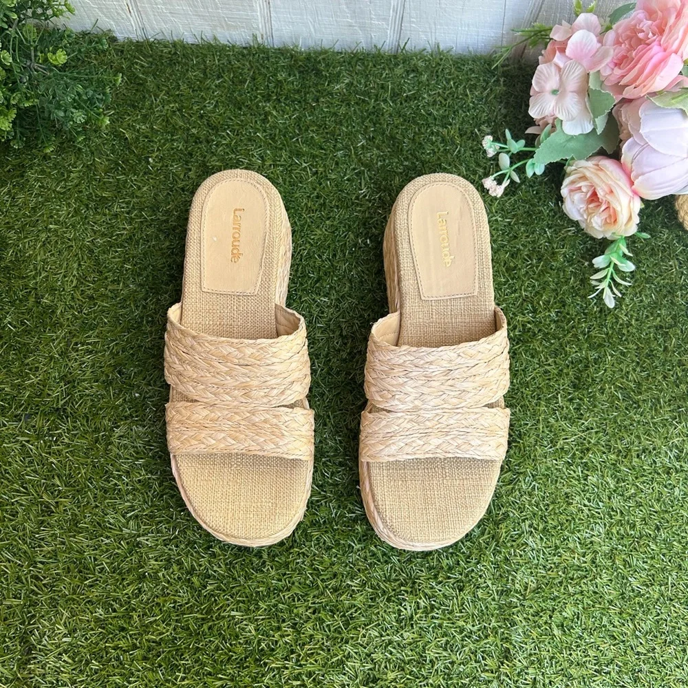 Larroudé Women's Ash Braided natural  Raffia Flatform Sandals size 6.5 like new